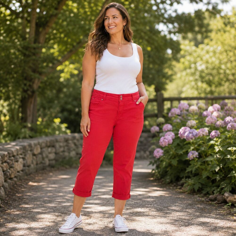 Nine West Womens Size 16 Red Capri Jeans Date Night Fit Cropped Rhinestone